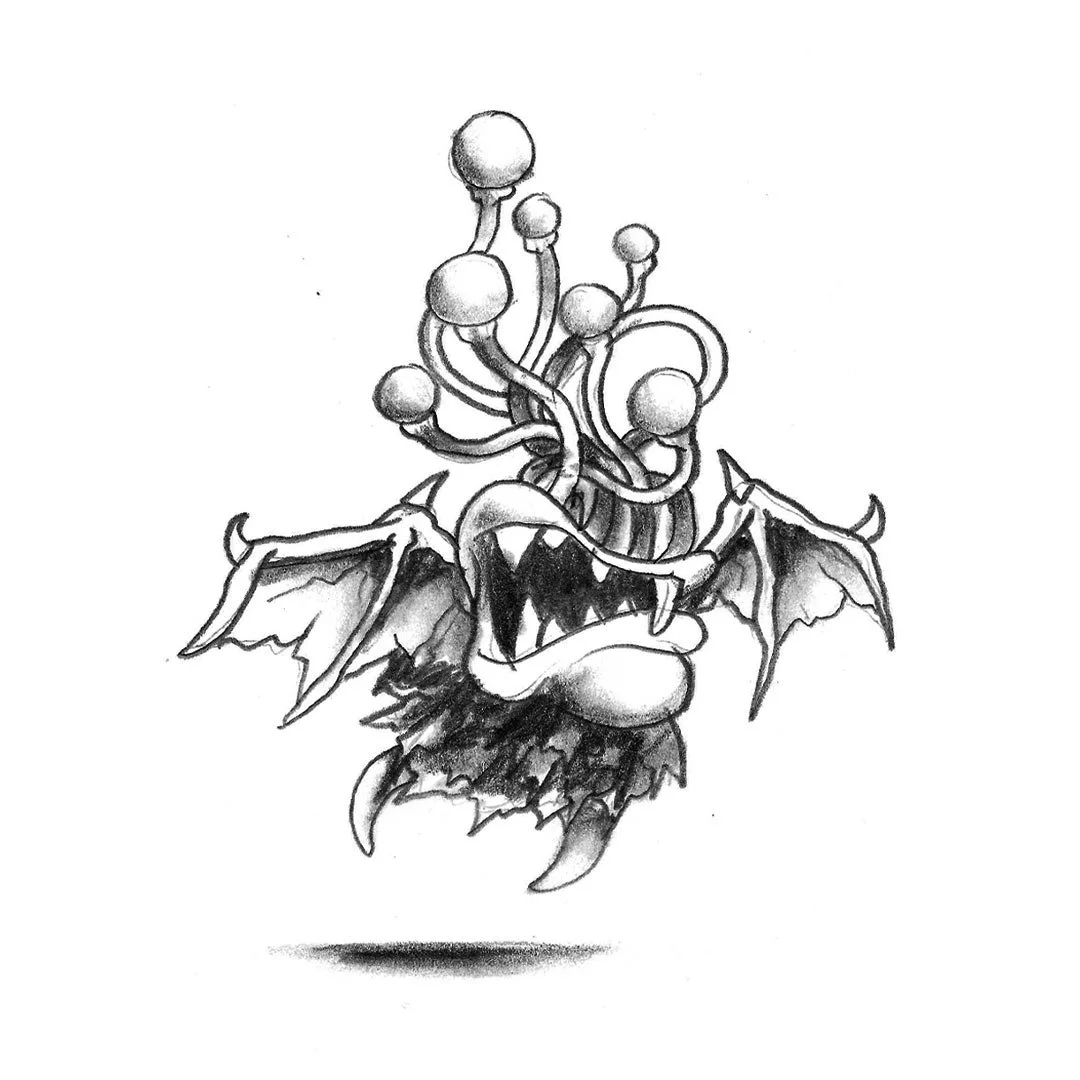 Black and white pencil sketch of a flying monster with six eyes.