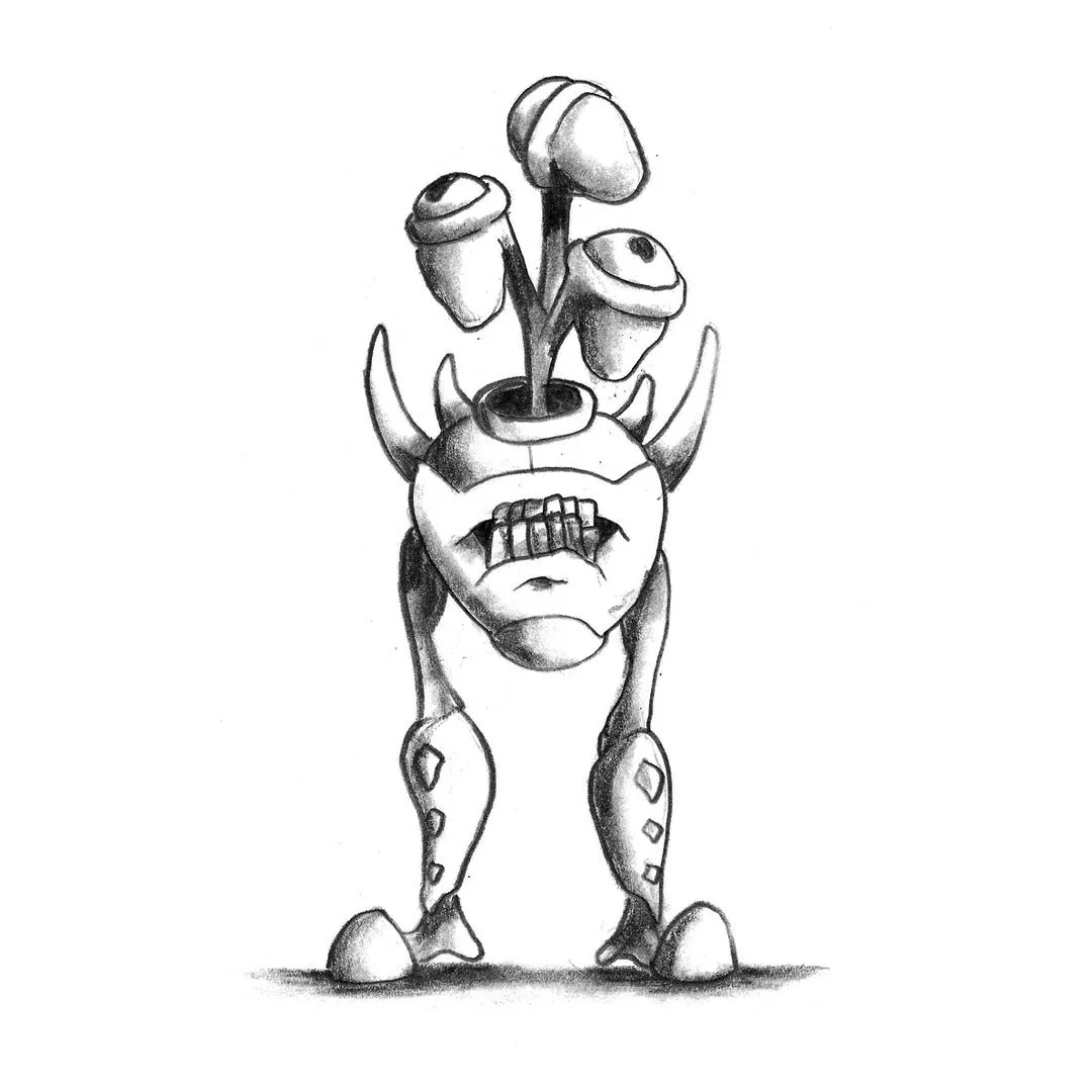 Black and white pencil sketch of a three-headed monster with large horns protruding from its back and fancy boots.