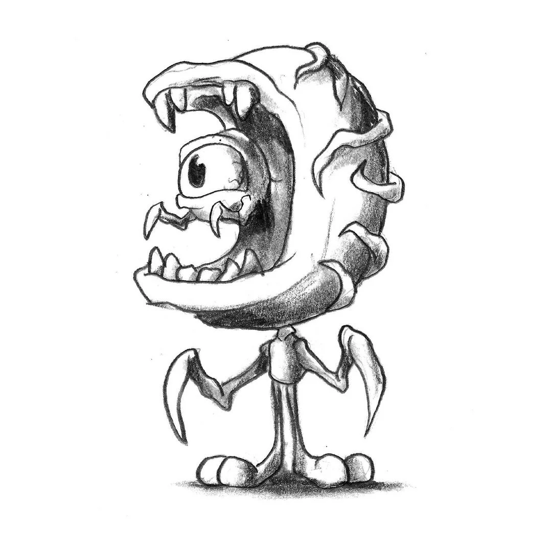 Black and white pencil sketch of a monster with an additional one-eyed head inside of its mouth.