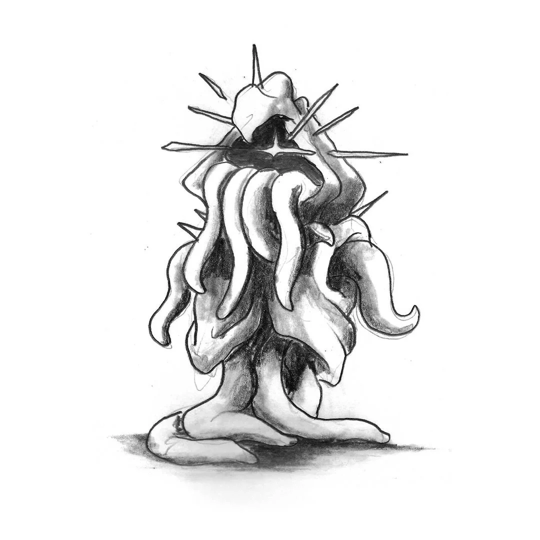 Black and white pencil sketch of a Lovecraftian monster with tentacles and a glowing eye.