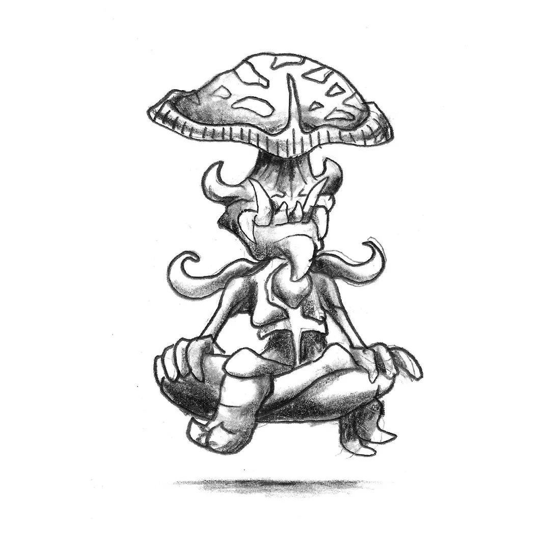 Black and white pencil sketch of a meditating mushroom monster.