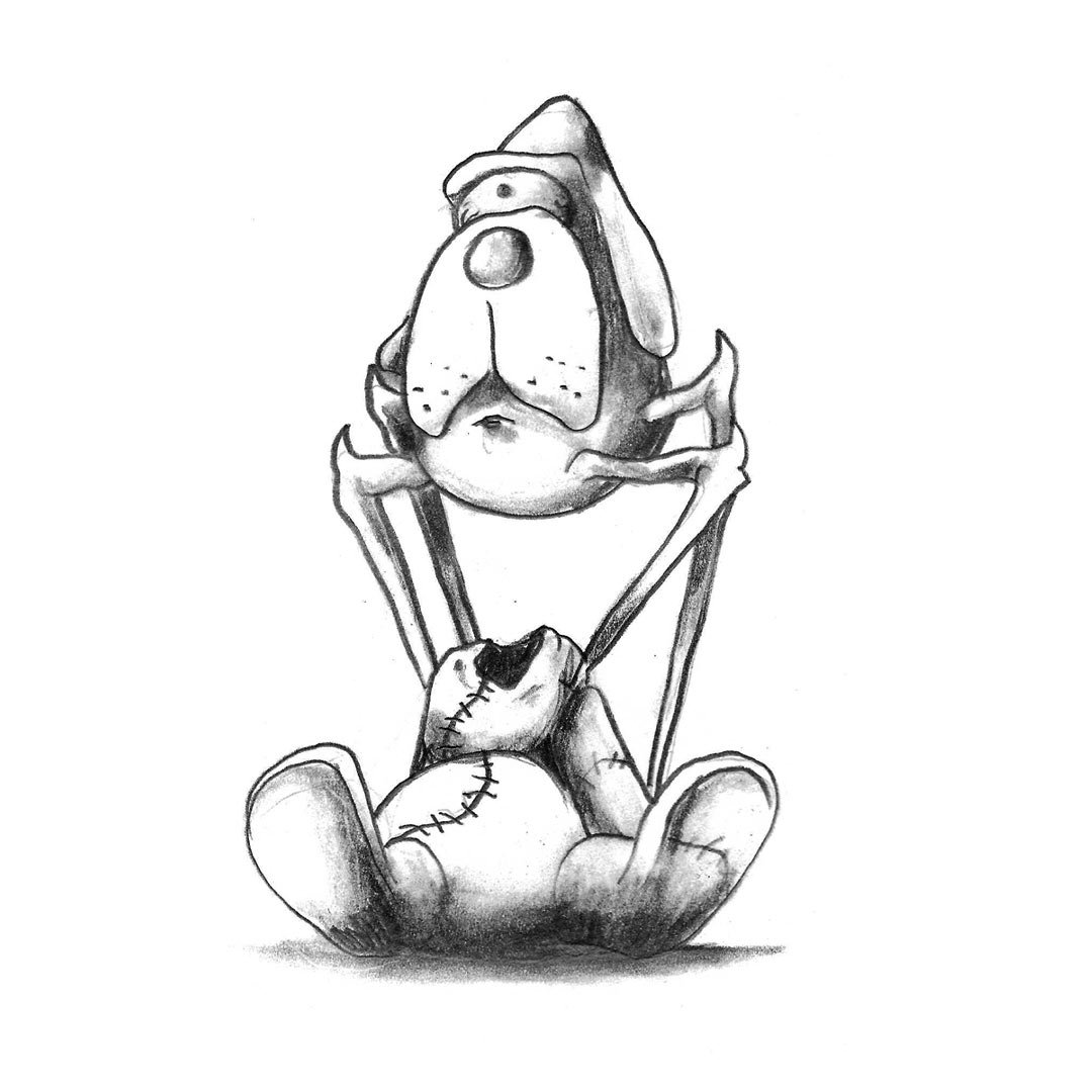 Black and white pencil sketch of a stuffed toy monster with a spider head.