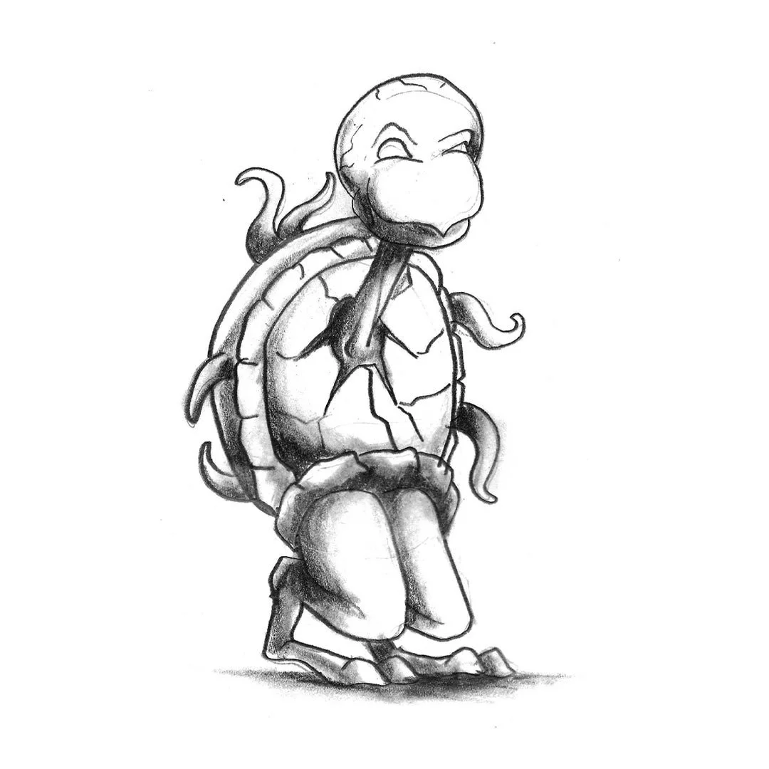 Black and white pencil sketch of a turtle monster with tentacles coming out of its shell.