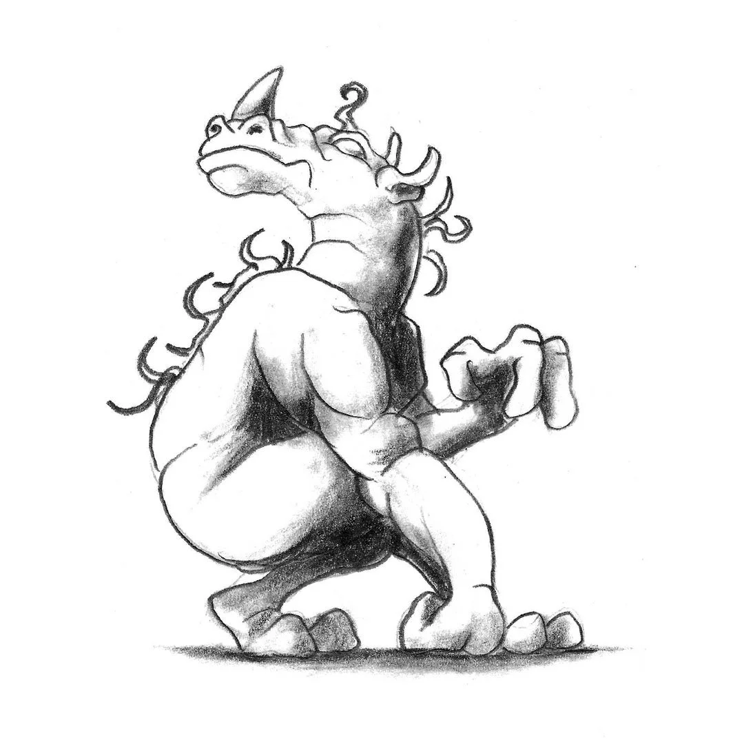 Black and white pencil sketch of a muscular monster with a hairy back and a unicorn horn.