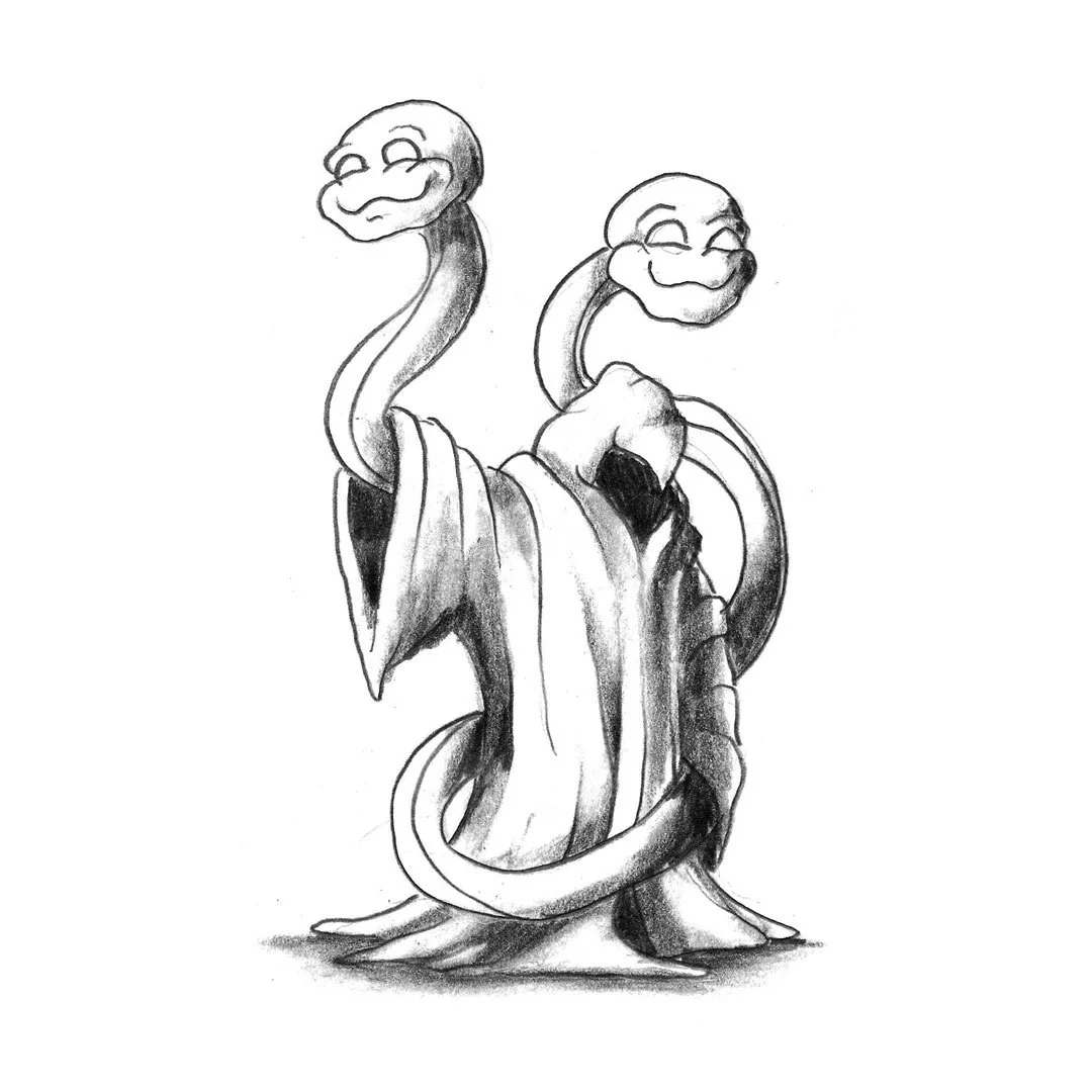 Black and white pencil drawing of a two-headed cloaked monster.
