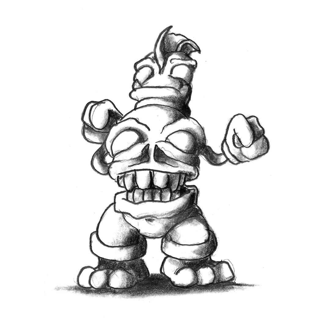 Black and white pencil sketch of a monster with a second head for a torso.