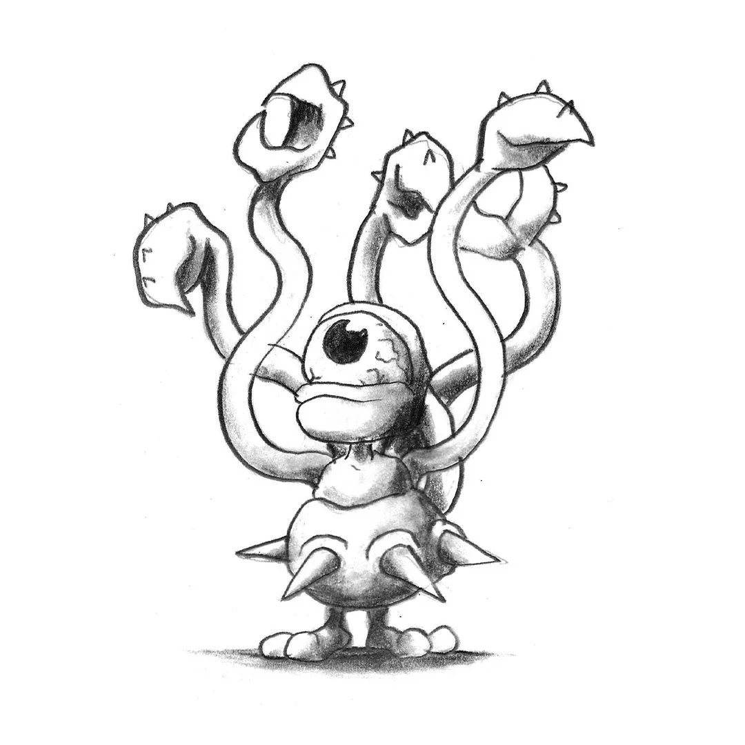 Black and white pencil sketch of a one-eyed monster with five clawed tentacles and spikes around its waist.