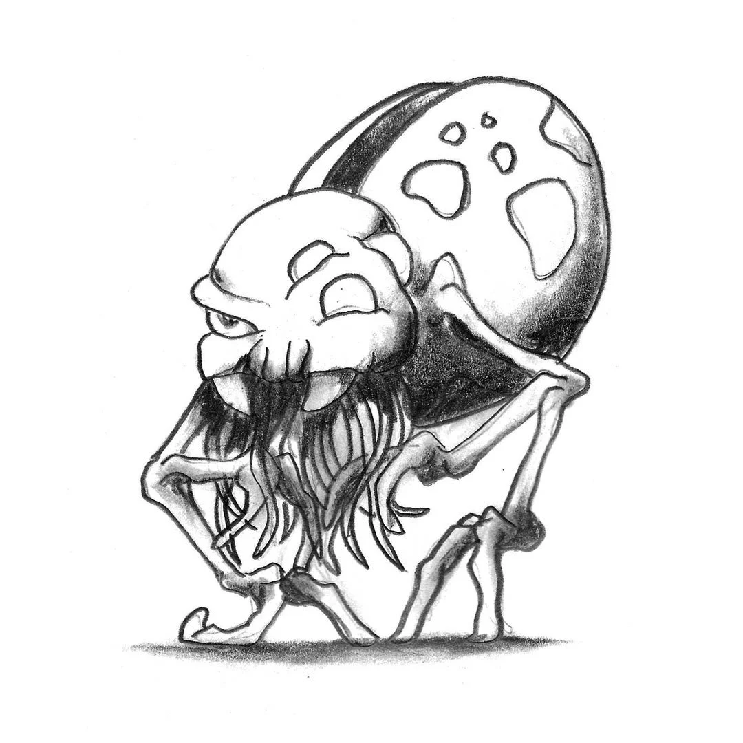 Black and white pencil sketch of an insect monster with four eyes.