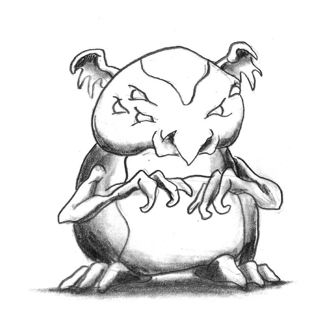 Black and white pencil sketch of a fat penguin monster with six eyes.