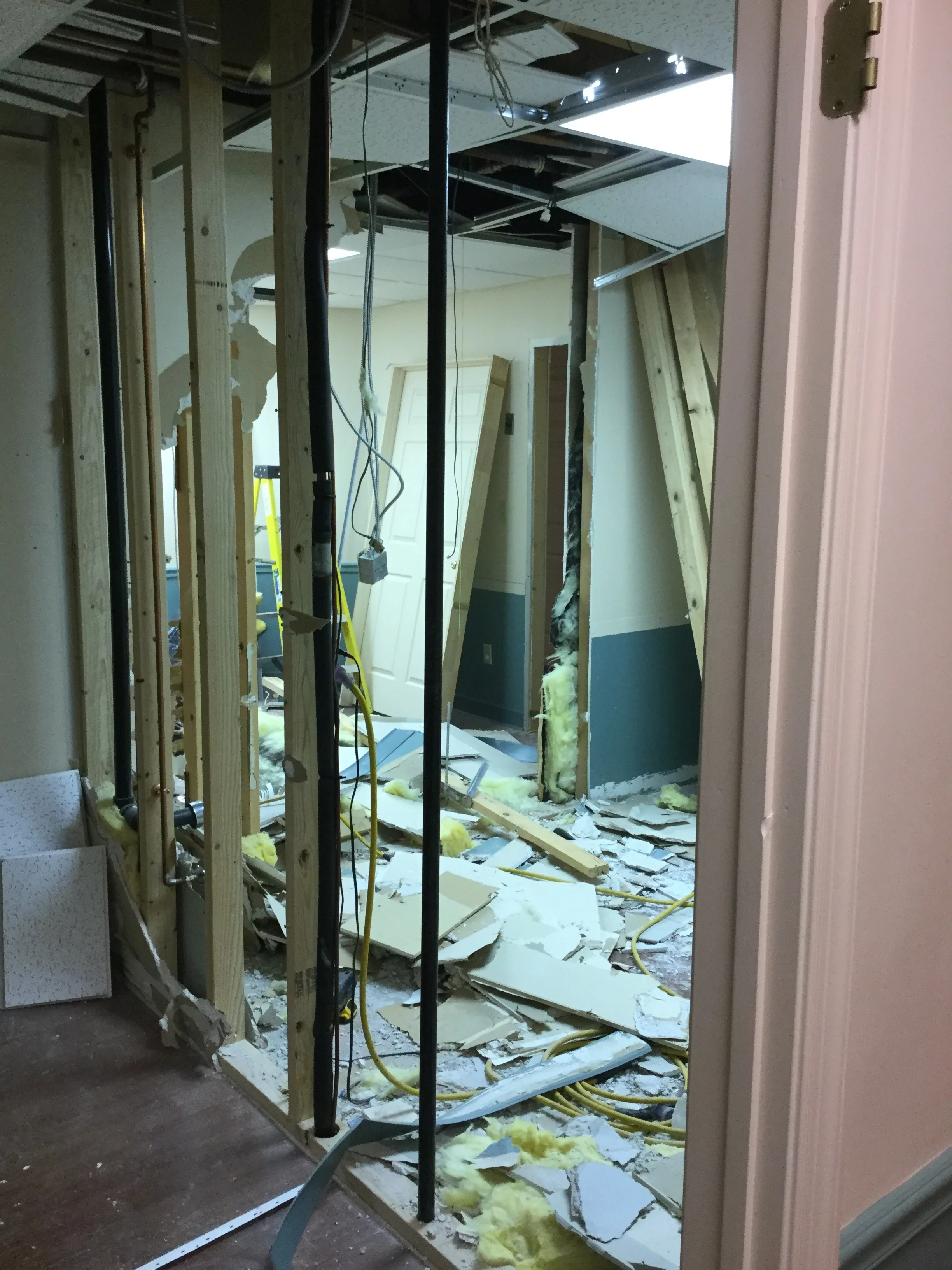 Walls coming out, this will be the Dog Ward. This part was pretty scary. The ceiling looked irreparable, the electrical was in the way not to mention gas lines. I couldn't imagine it coming back together.