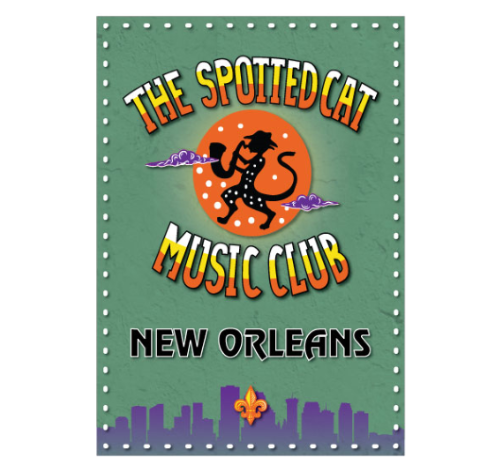 full-color Spotted Cat logo poster featuring with logo in orange, yellow and black over a green background and skyline in purple