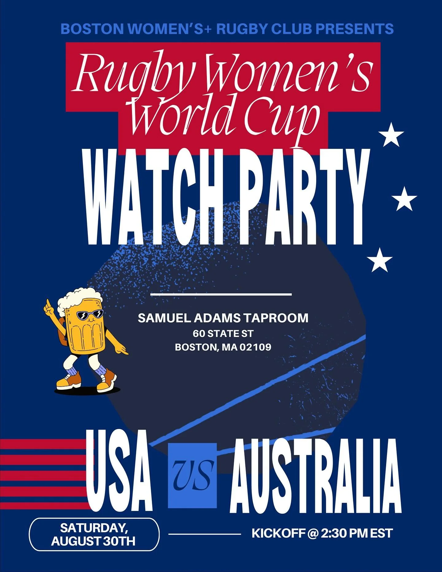 Come join us at the Sam Adams Taproom this afternoon (1st floor, back room) to root on our USA Eagles as they face off against Australia! All are welcome, bring your friends! 🏉🔥🦅🇺🇸