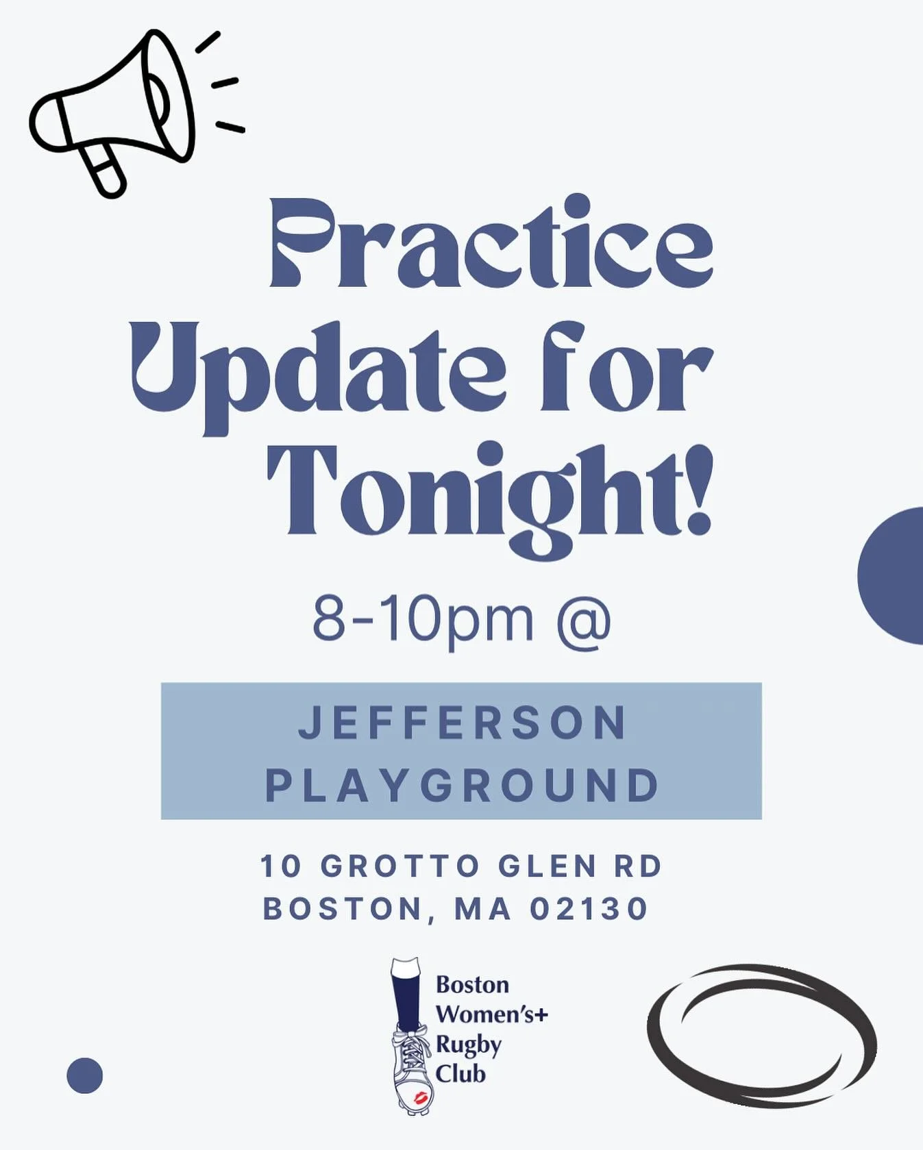 sorry for all the back and forth&mdash;practice tonight will be at the same location as last week&mdash;Jefferson Playground! Stay tuned for upcoming location changes. Feel free to DM with any questions!