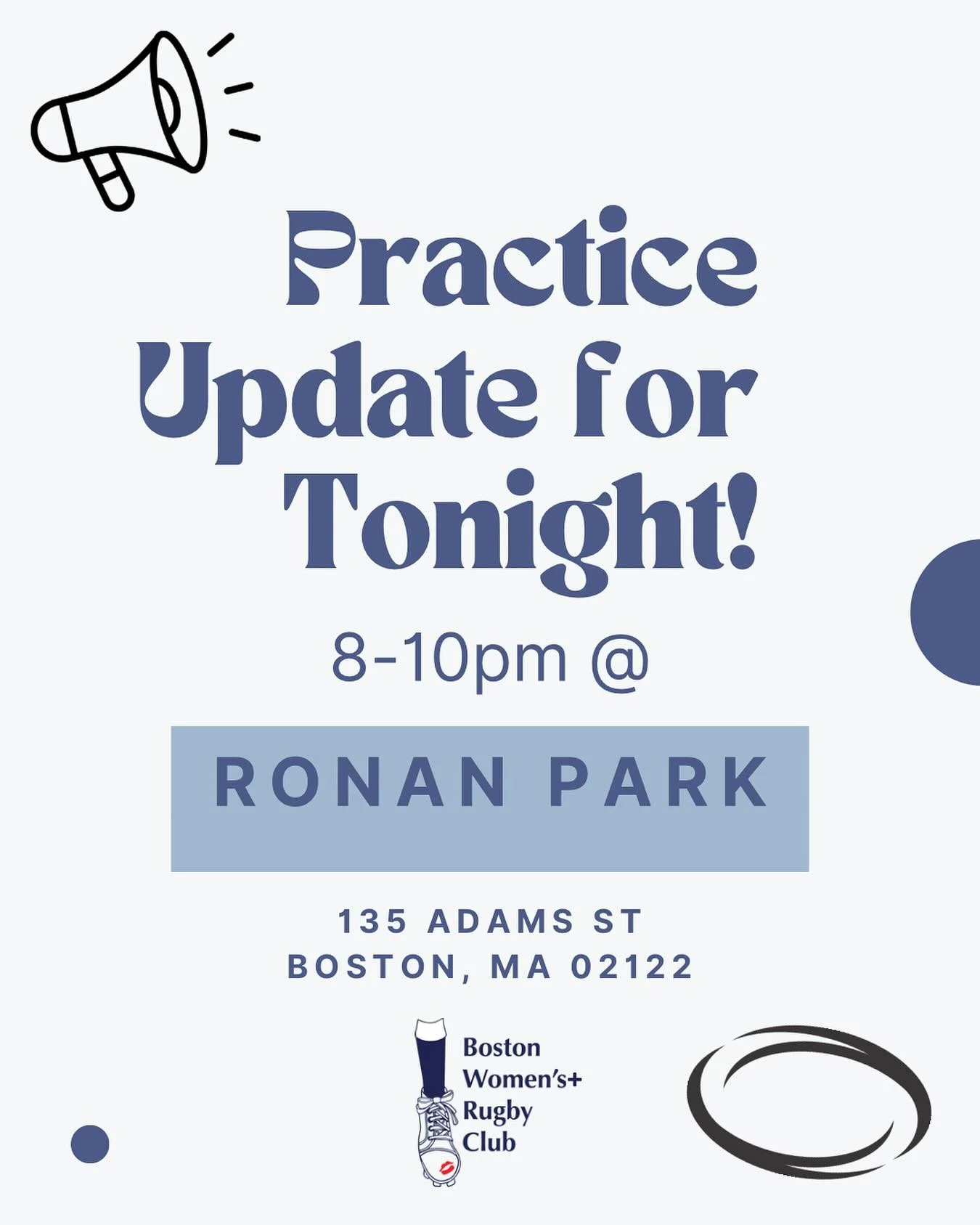 Sorry for the last minute post! We just got word we will be practicing at Ronan Park tonight. New players are always welcome! Feel free to DM with any questions 😎