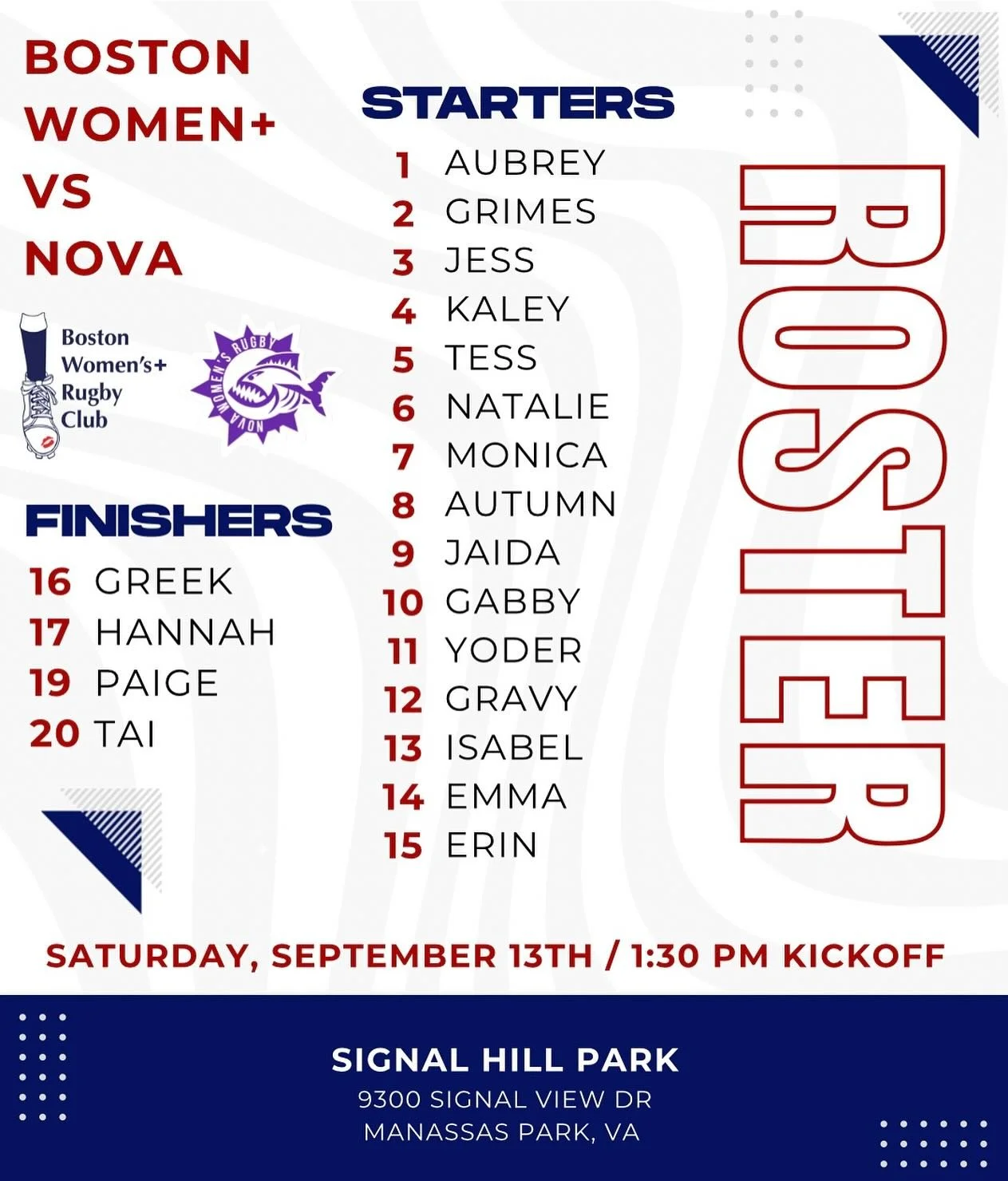 📢 GAME DAY IS ALMOST HERE ‼️ Boston is coming to Virginia to take on Nova! ⚠️ Tomorrow, 9/13 with a 1:30pm kickoff ⚠️ Can&rsquo;t wait to get our fall season started 😈🔥💫💋