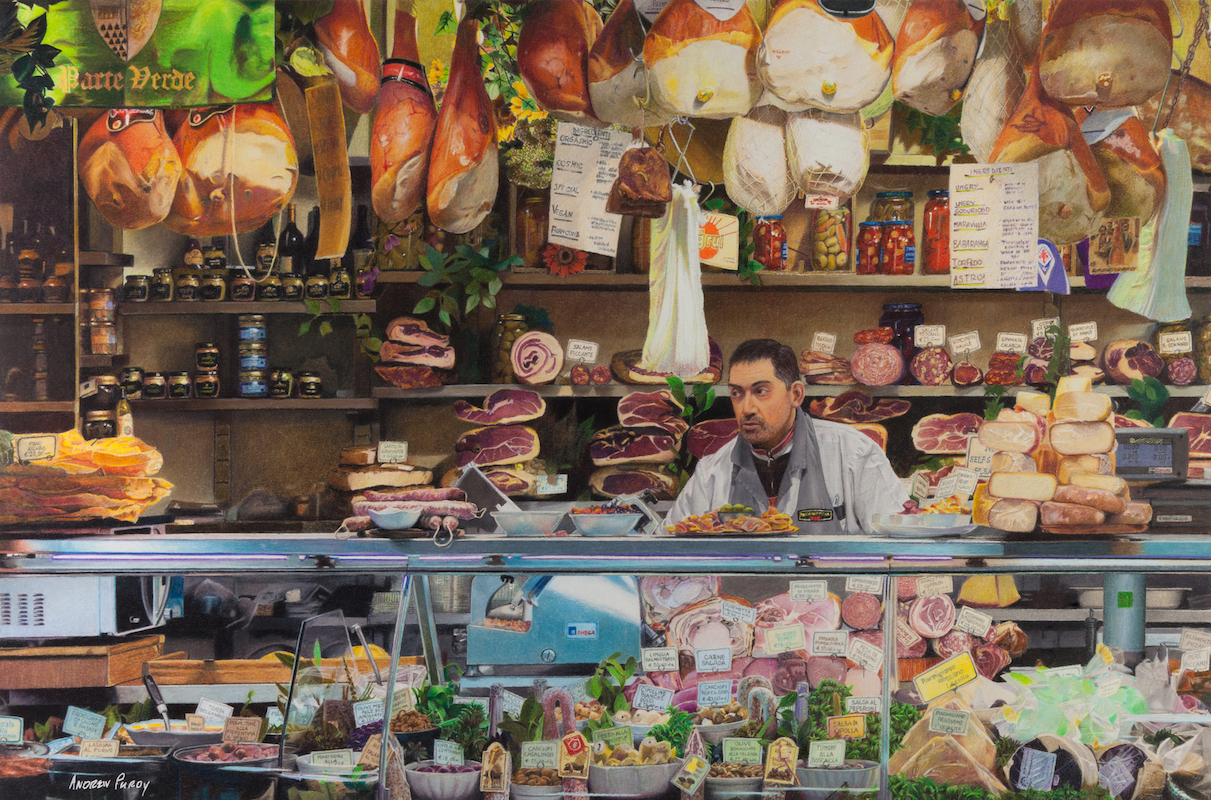 “Macelleria” 16” x 24” colored pencil on Stonehenge paper