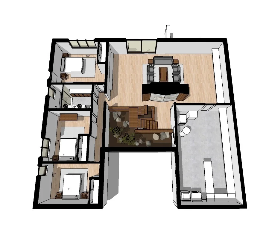 proposed redesign for lower level. including additional bedroom