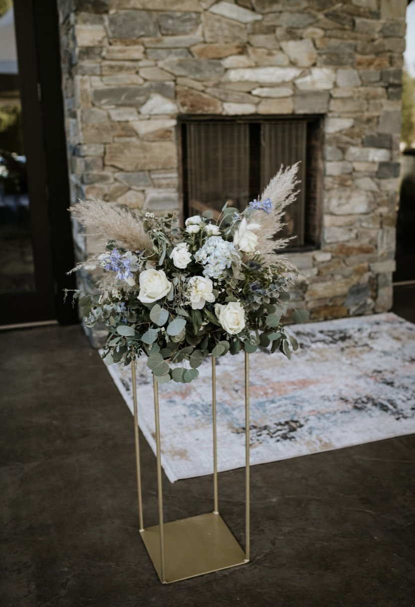  dusty blue wedding , dusty blue, wedding , ceremony , ceremony flowers , cascading bouquet , eucalyptus , peonies , pampas grass ,  bunny tails , wedding party , bride , groom , wedding florist , backyard wedding , ajr designs , flowers , Chilliwack