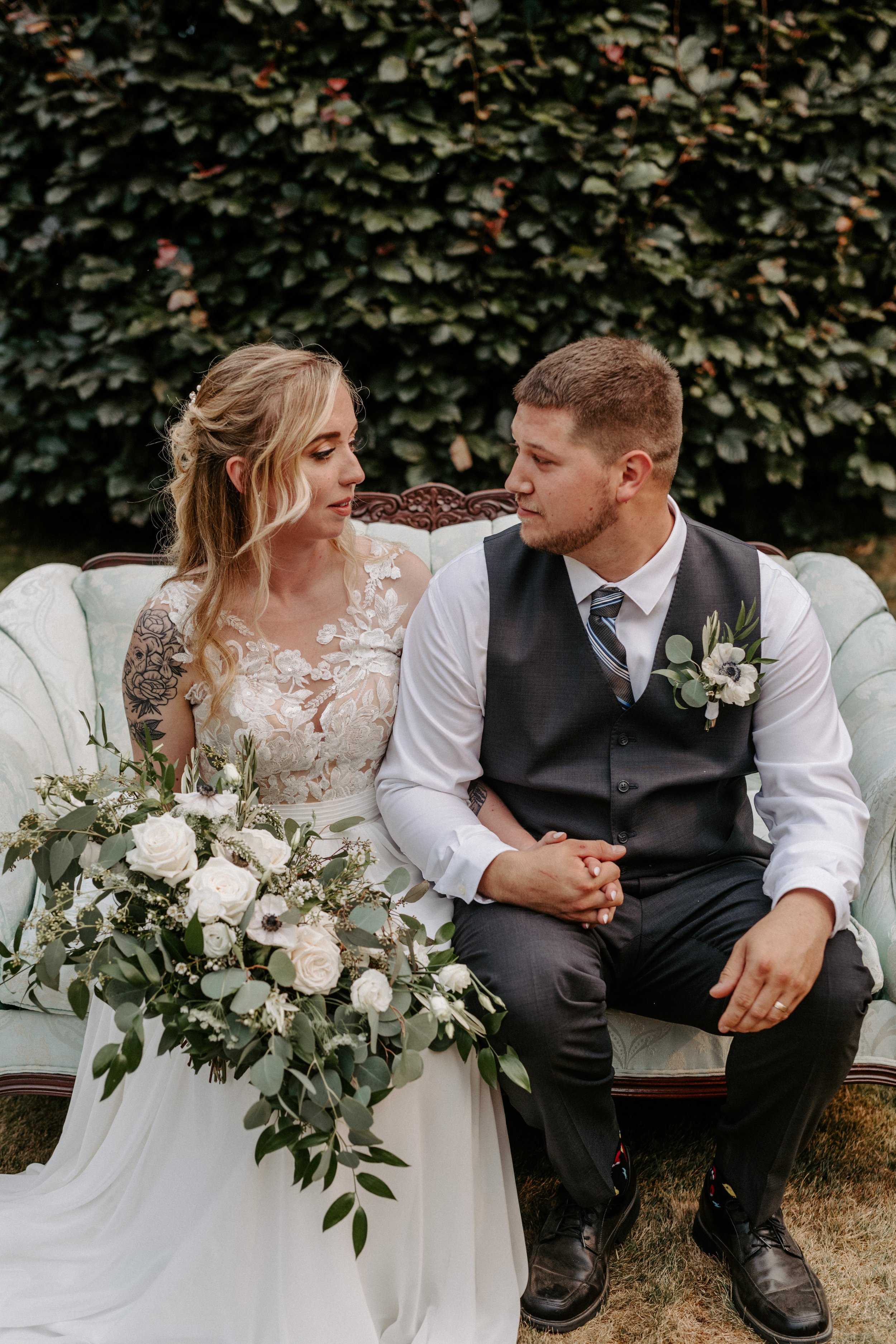  bride , groom , wedding party , neutral wedding , champagne wedding , florist , wedding florist , ajr designs , ceremony , arch flowers , wedding party flowers , backyard wedding , romantic wedding , white rose , eucalyptus  black and white flowers 