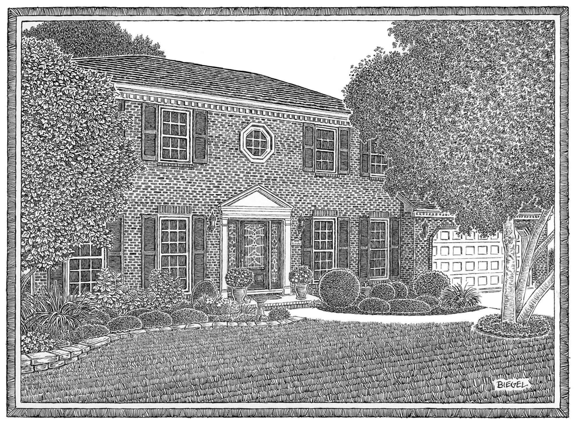 Hand-drawn portrait of a house in Naperville