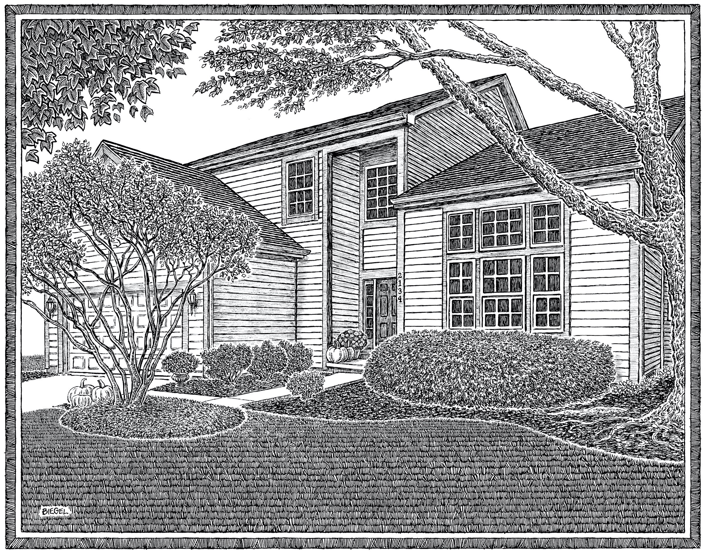 Hand-drawn portrait of a house in Lewis Center Ohio