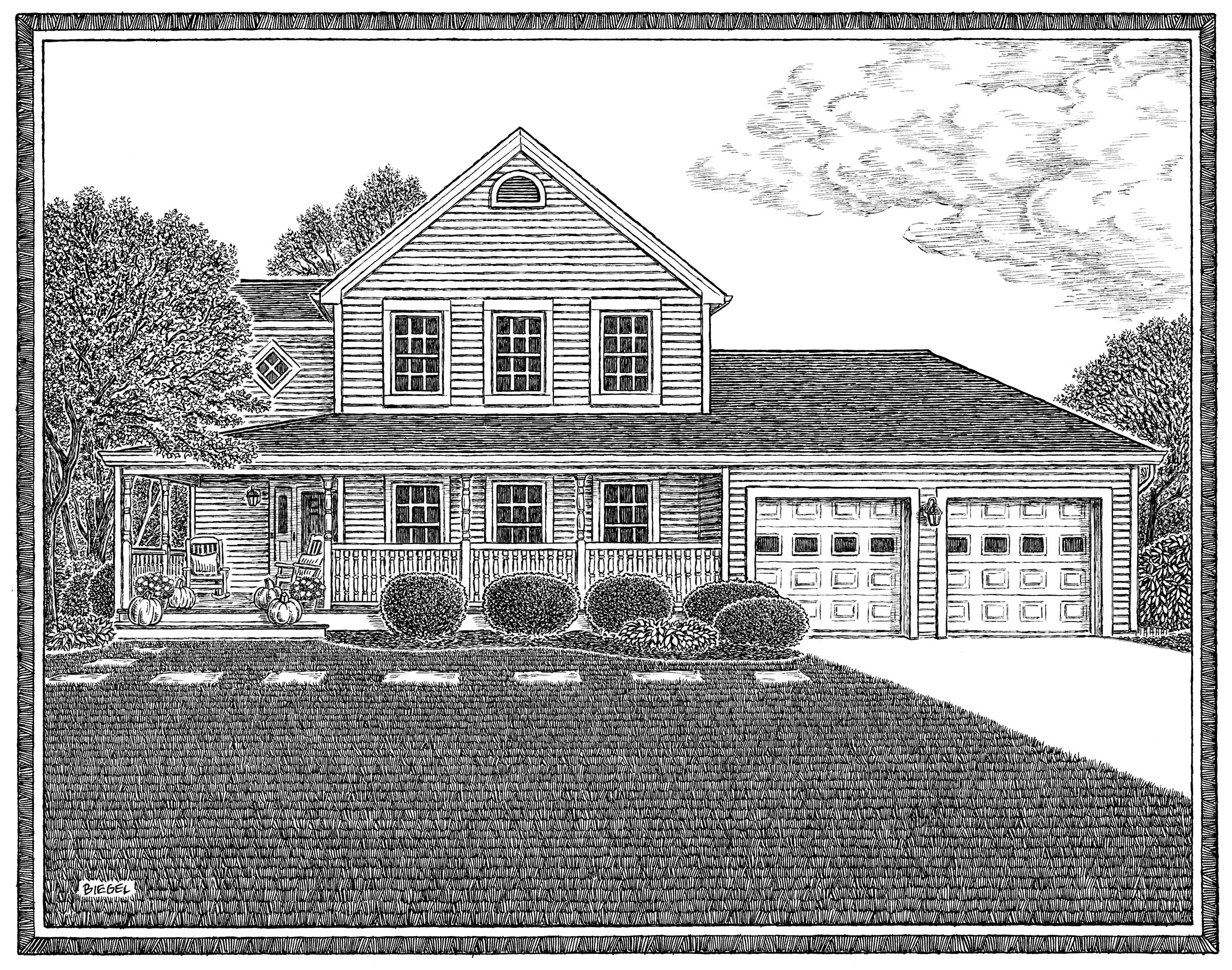 Hand-drawn portrait of a house in Gaithersburg Maryland