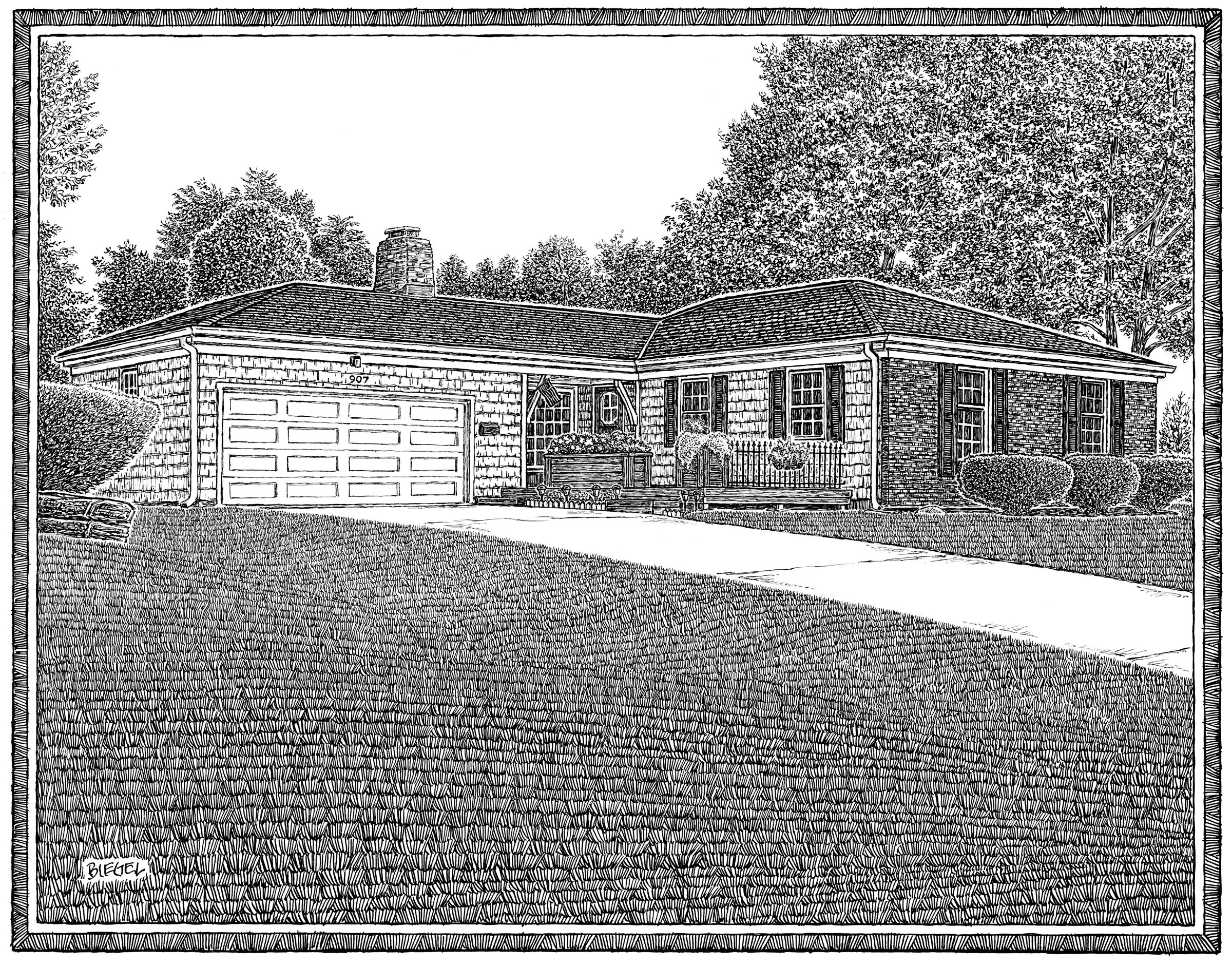 Hand-drawn portrait of a house in Kansas City Missouri