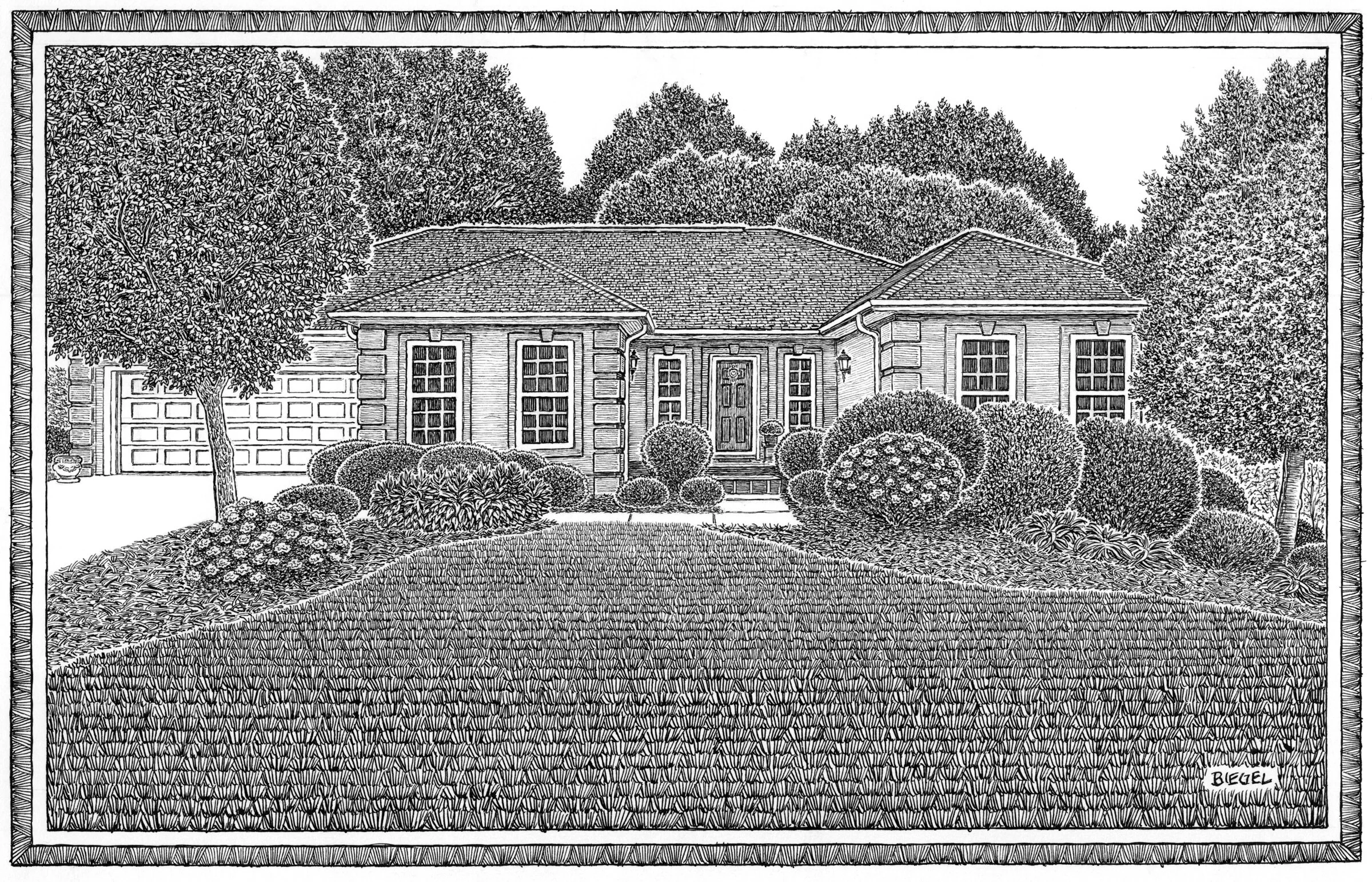 Hand-drawn portrait of a house in Gastonia NC