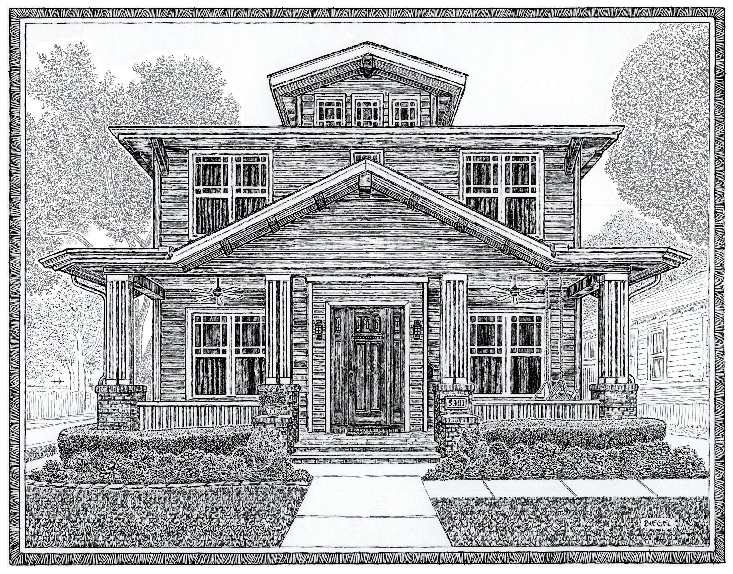 Hand-drawn portrait of a house in Dallas Texas