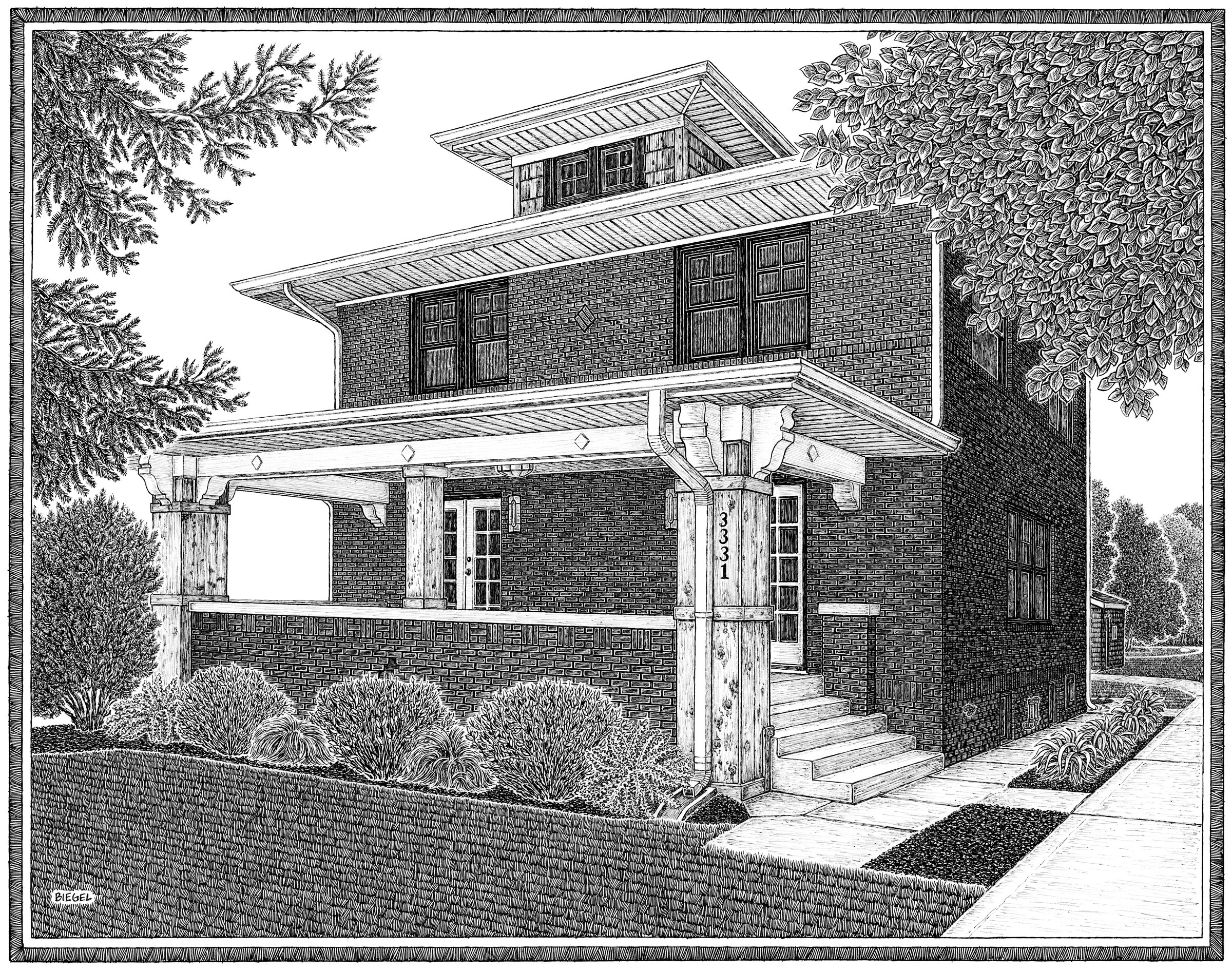 Hand-drawn portrait of a house in Indianapolis