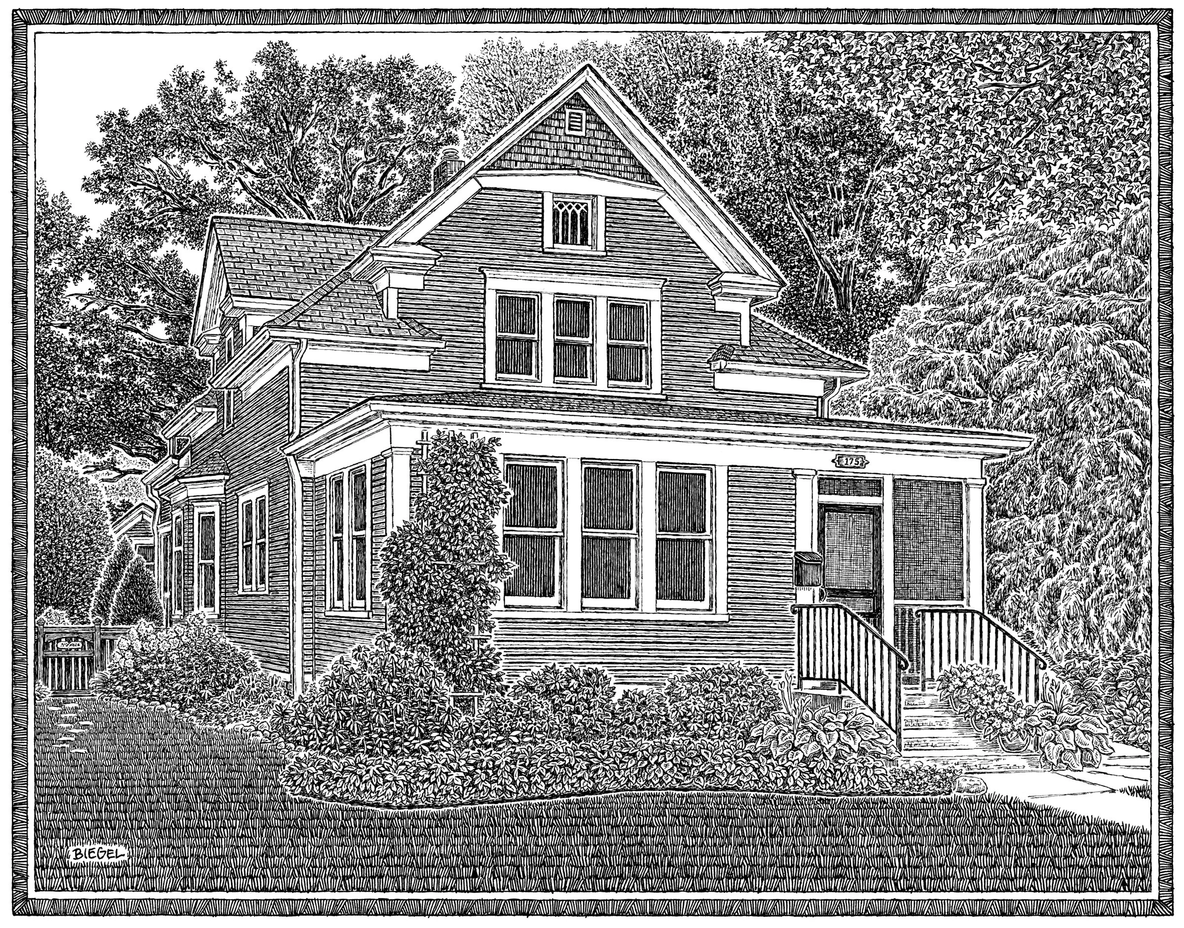 Hand-drawn portrait of a house in St Paul Minnesota