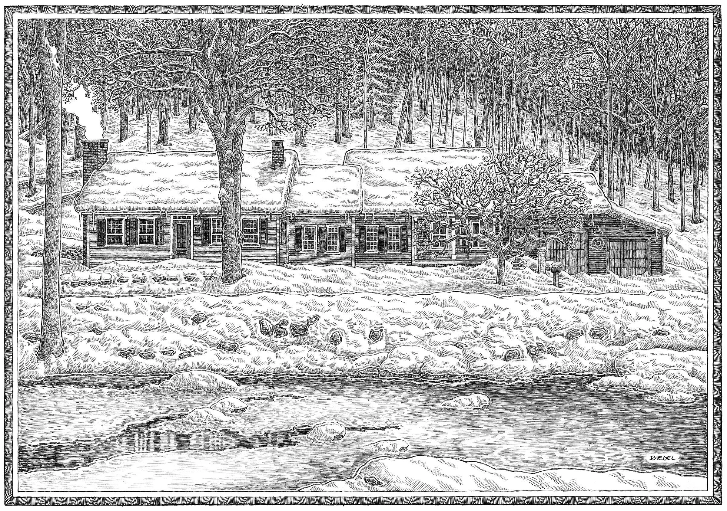 Black and white illustration of a snow-covered house in a forest setting, with a pond in the foreground and bare trees surrounding the house.
