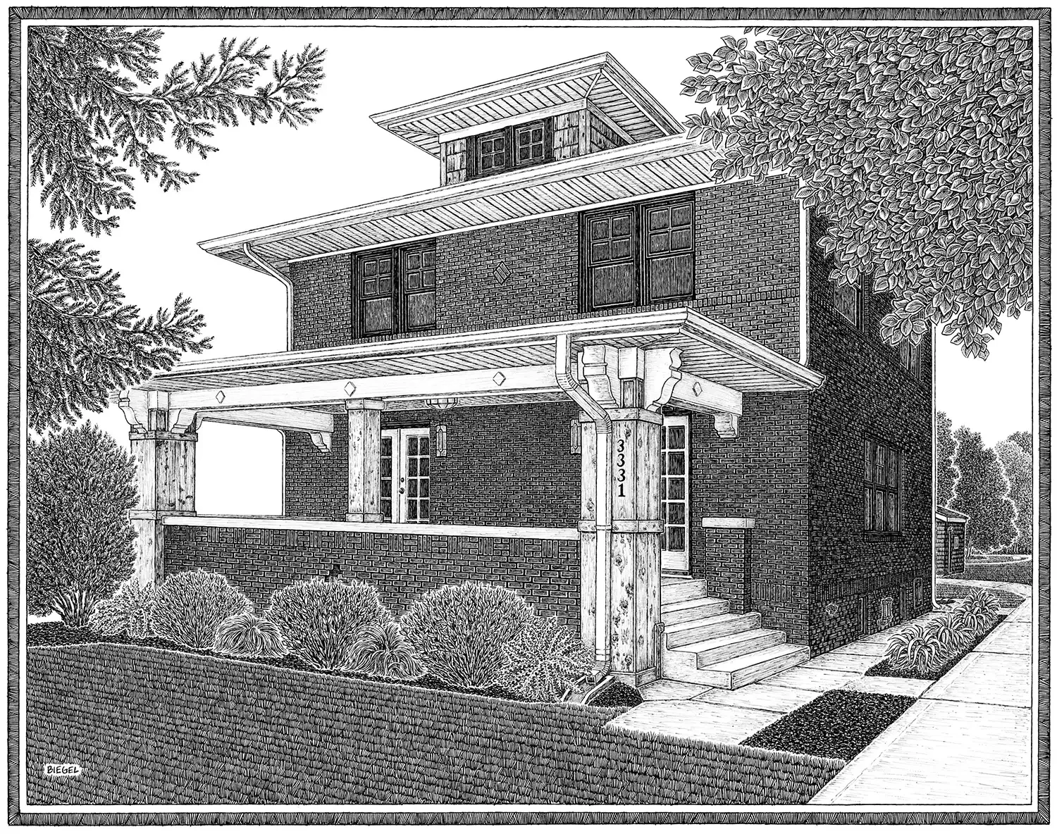 Elaborately detailed line art of a two-story brick house in Indianapolis complete with a front porch surrounded by well-manicured bushes and trees.