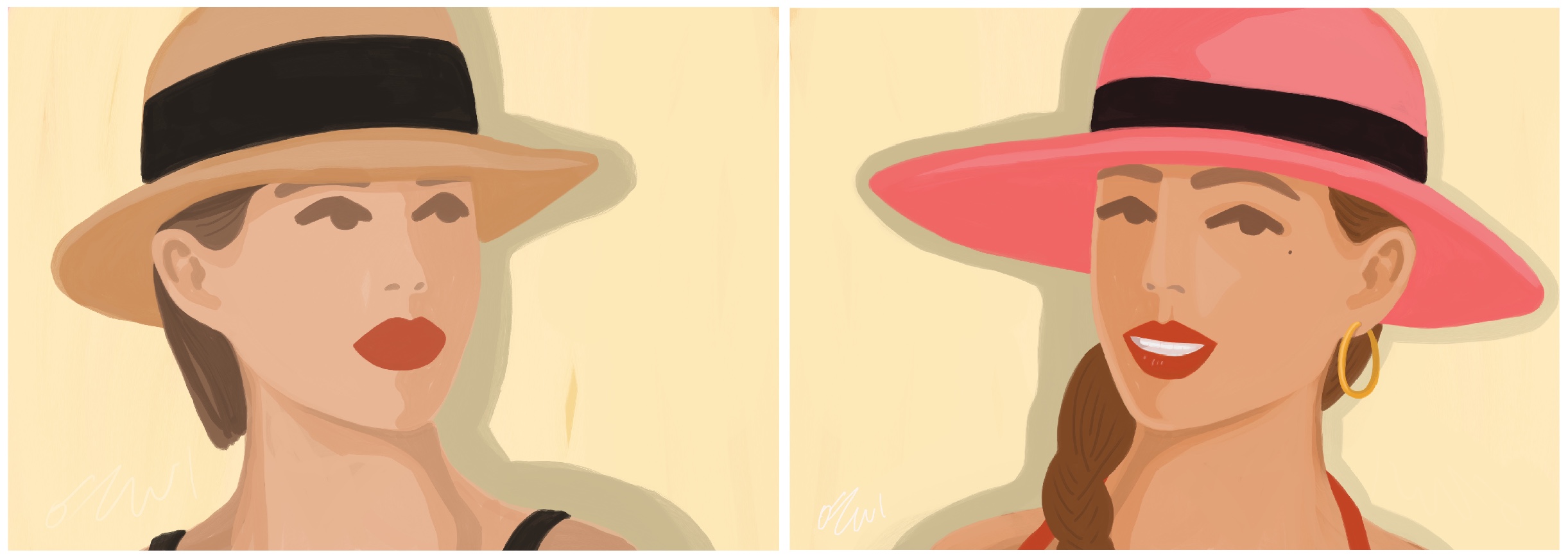 a woman in a beige hat,841*594mm digital work 2019(left), a woman in a pink hat,841*594mm digital work 2019(right)