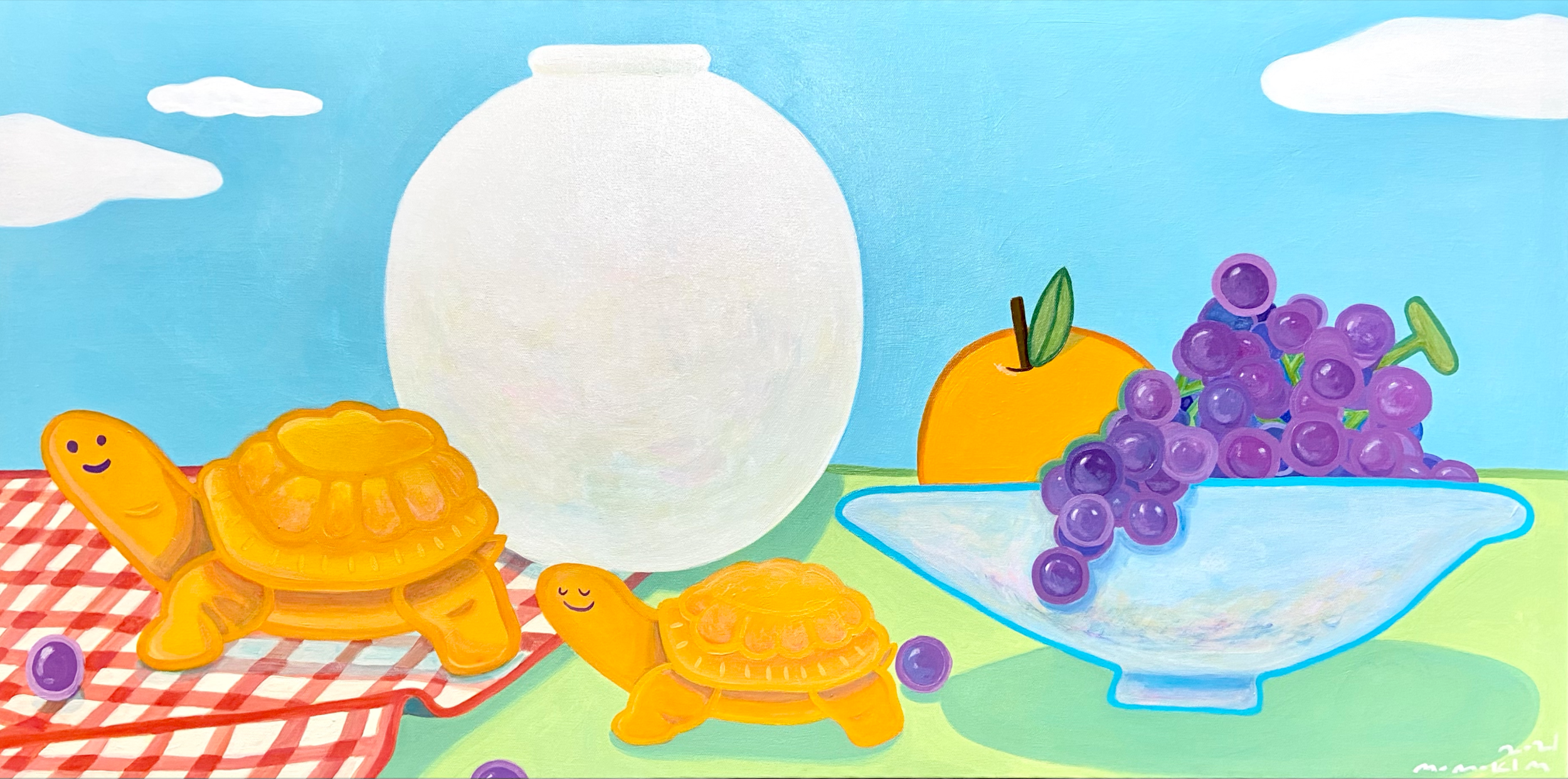 two turtles, moon jar, orange and grape