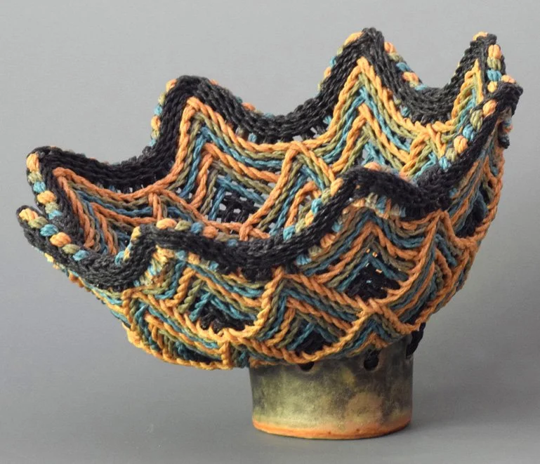 Mandala with Pottery Base, 2015.  Cords made from waxed linen.  Single-course oblique twining (SCOT).