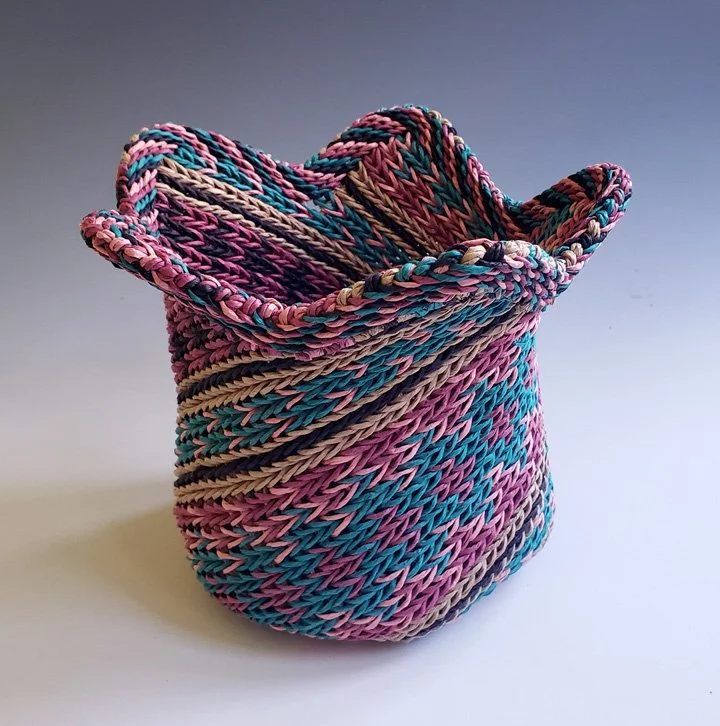 East Telemark #7, side 1, 2026.  Cords made from paper ribbon following a tablet-weaving threading diagram.  