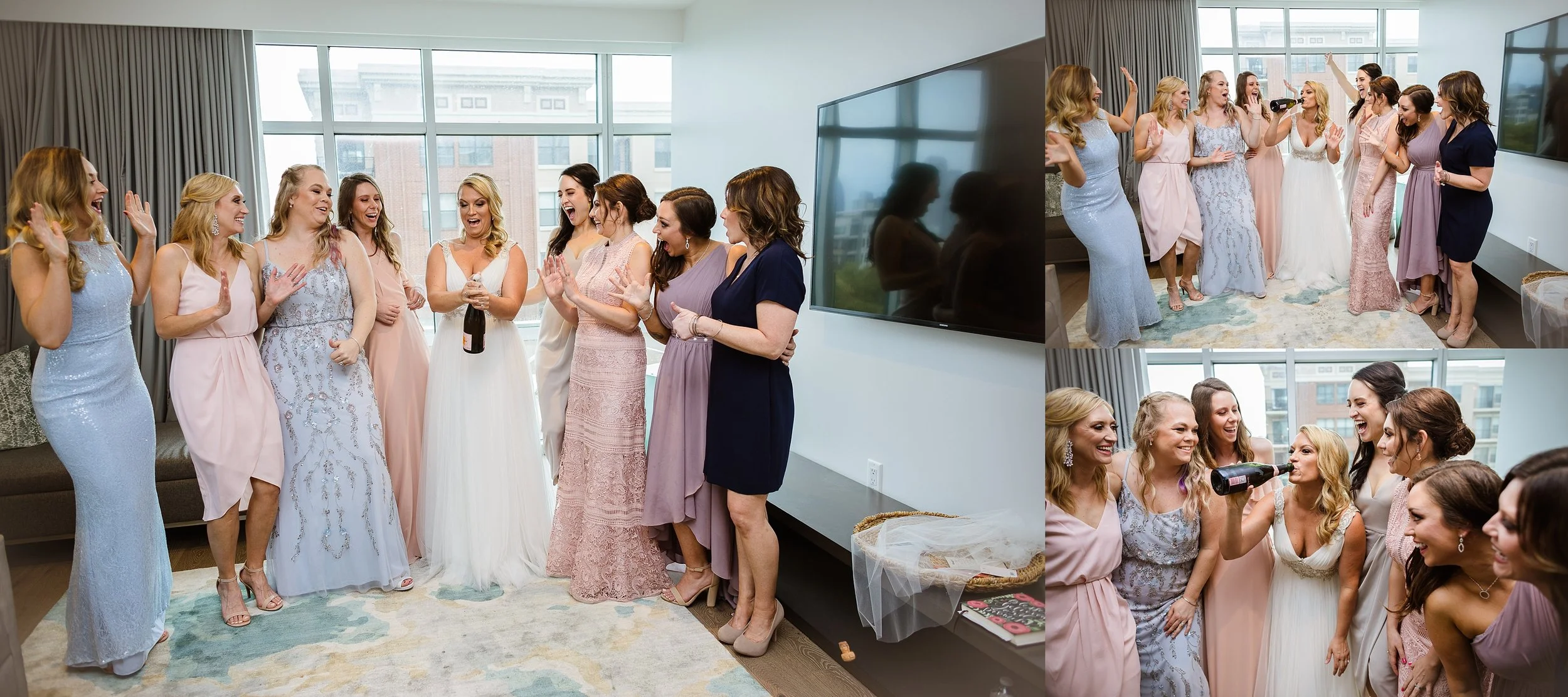 Love the different dresses and popping champagne!
