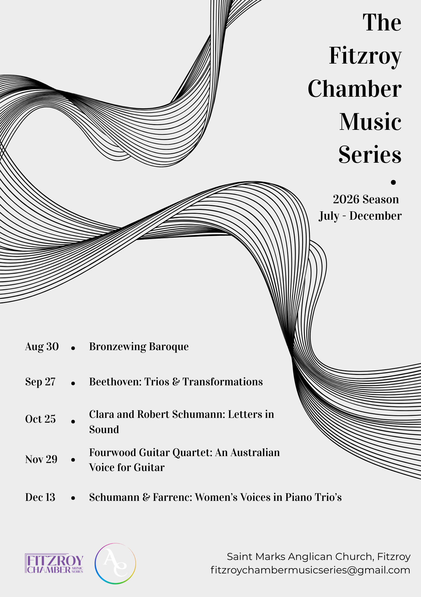 Poster advertising in advance the July to December concerts in the Fitzroy Chamber Music Series 2026 season, including Aug 30 Bronzewing Baroque, Sep 27 Beethoven: Trios & Transformations, Oct 25 Clara and Robert Schumann: Letters in Sound