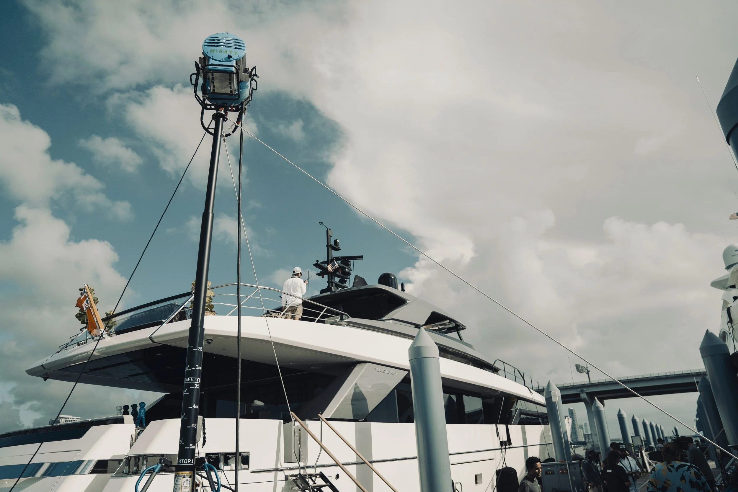Cinema lighting rigged to the Sanlorenzo SL120A