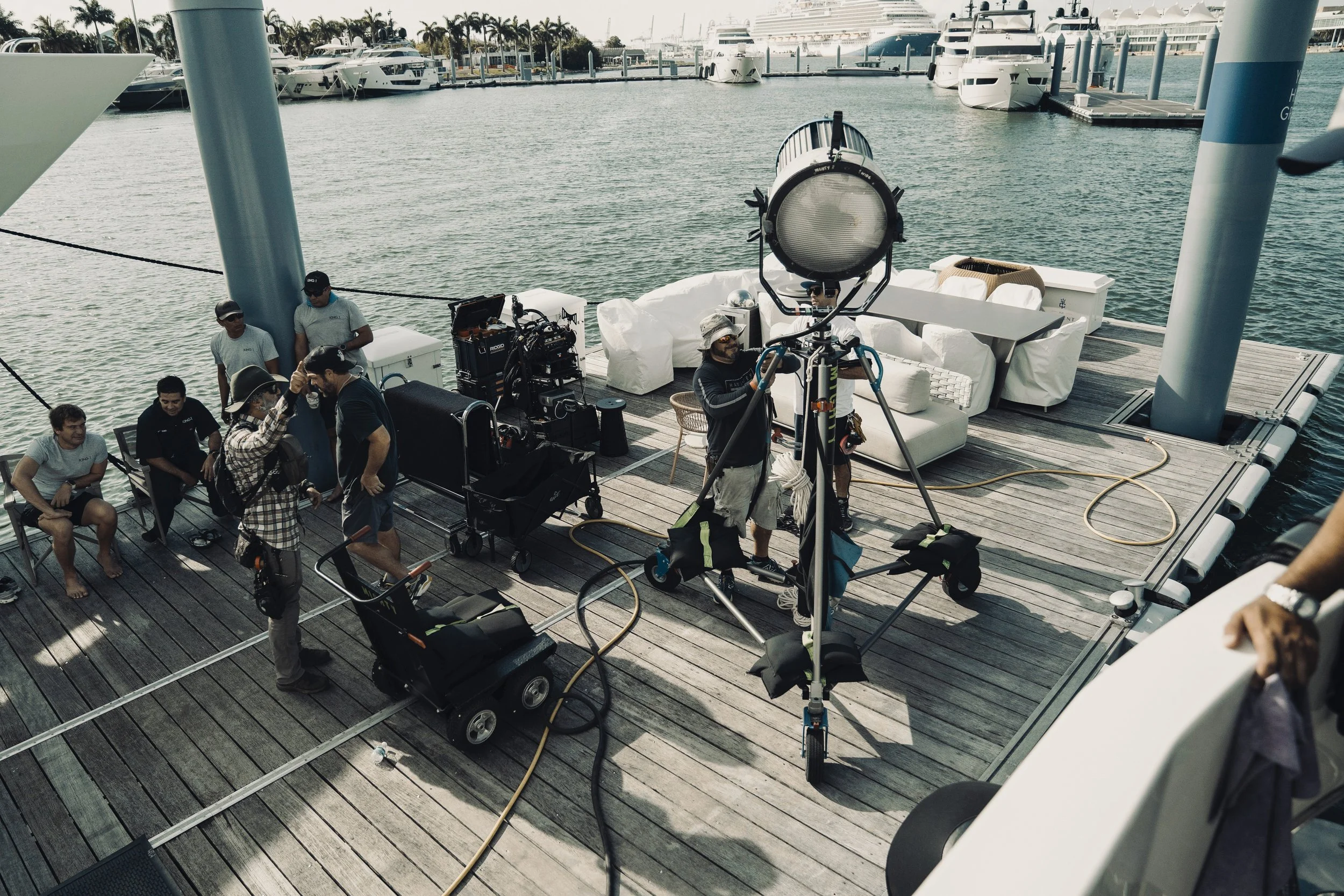 Full production crew on the SL120A deck at Island Gardens Marina