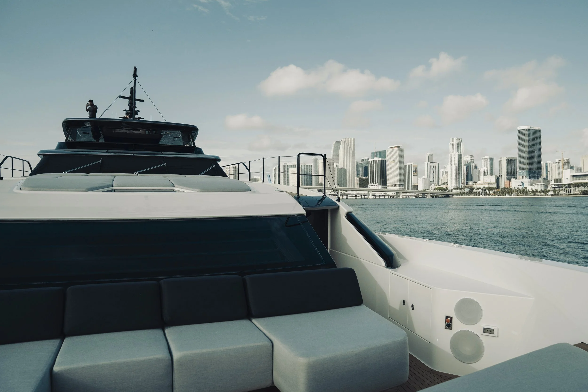 Sanlorenzo SL120A bow with Miami skyline