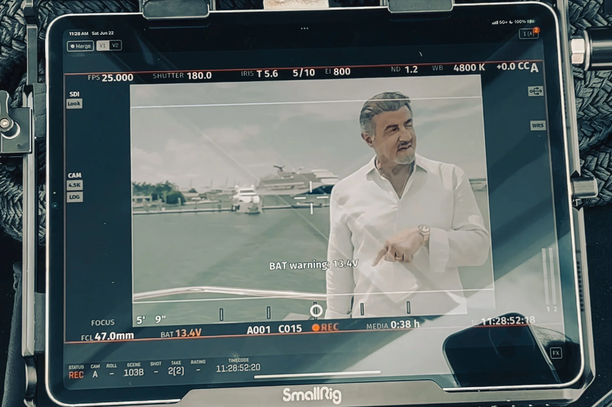 Director's monitor showing Stallone on the SL120A exterior deck
