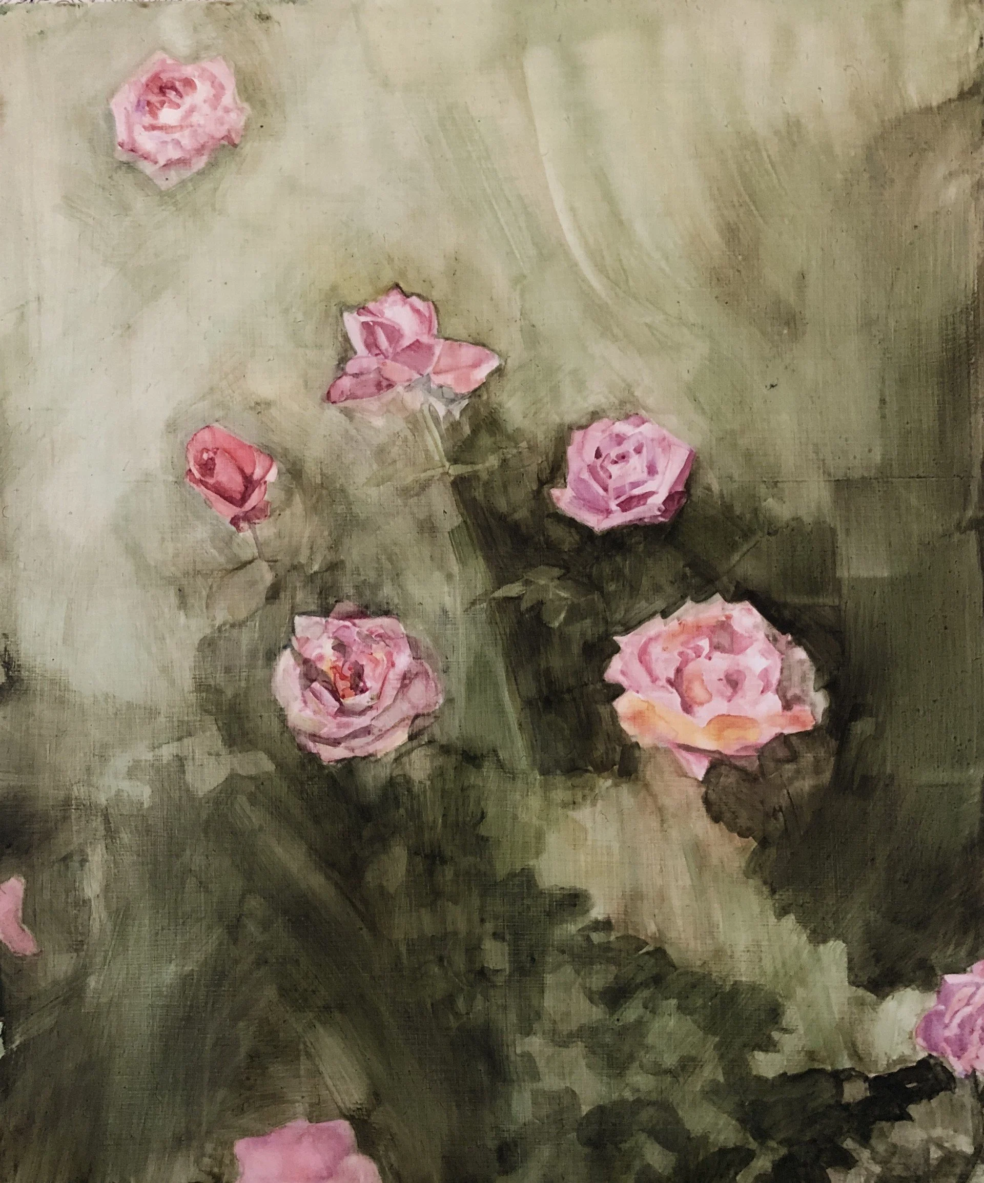 Jean’s Roses. 30 × 25cm, watercolour on plywood. Finalist for the 2024 Royal Prize for Landscape WA.  