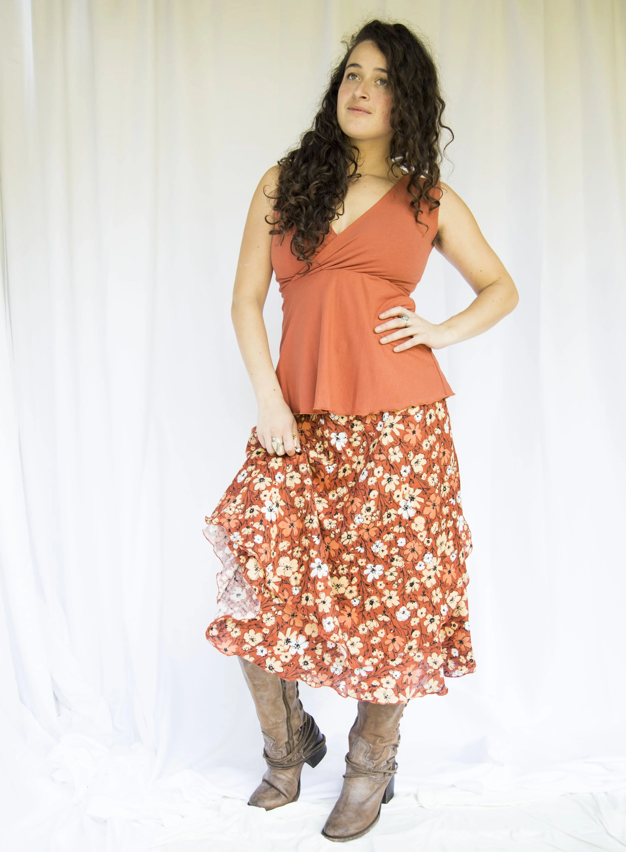 Fall Blooms Below Knee Wrap Skirt in Organic Cotton Double Gauze