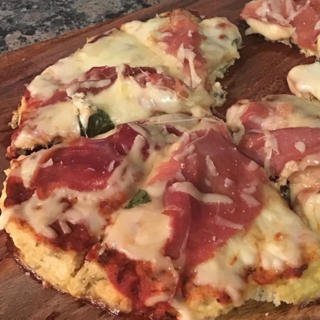 Our entry in the @ozganics Pasta Sauce Challenge. 
Ultra low carb prosciutto and basil pizza.#keto #organic #pastasauce  Recipe is all certified organic ingredients 💚💚💚💚💚💚
For the base: 
One medium cauliflower,
One cup Parmesan cheese
One cup a