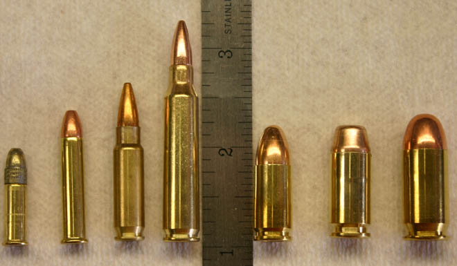 From left to right: 22LR, 22Mag, 5.7x28mm, 223 Remington, 9mm, 40S&W, 45ACP