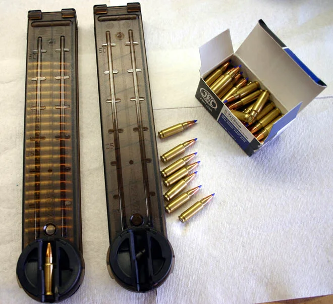 50-round PS90 magazines shown with Hornady-tipped SS197 ammo. Notice the first round is at a 90 degree angle to the others in the magazines
