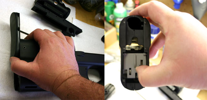Sliding the buttplate off the gun reveals the Hammer Group inside the buttstock