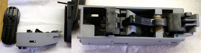 Left - Notice the round indentation on the buttplate cover - the Moving parts Group actually fits into it, holding it stationary. Right - The Hammer group is largely made of polymer